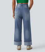 Jean large 7/8 décontracté Halara Flex™ délavé gainant taille haute ourlet roulotté avec poches