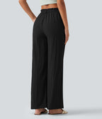 Pantalon décontracté taille haute à jambes larges en mélange de lin avec poches