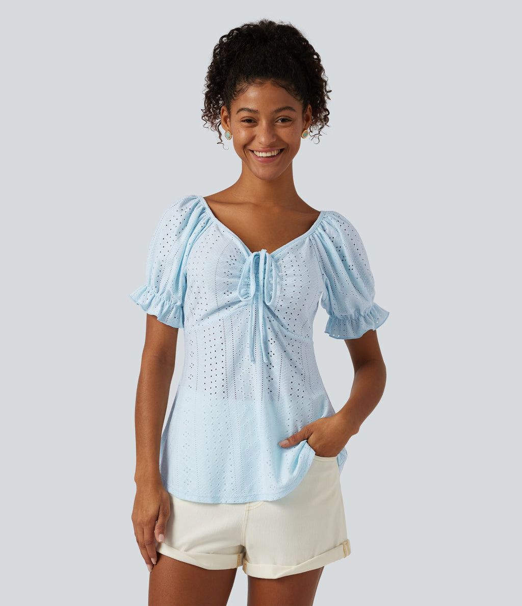 Blouse décontractée col V manches courtes bouffantes lacée ajourée