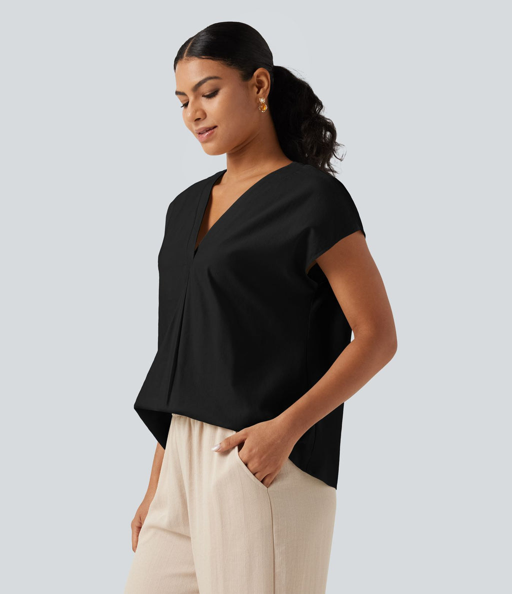 Blouse décontractée col V à mancherons en coton et lin