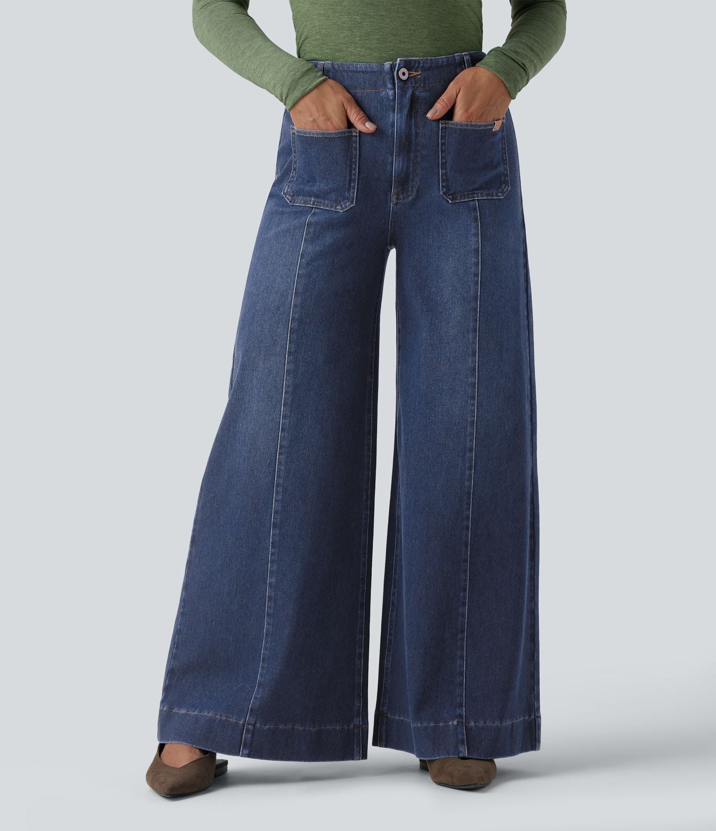 Halara Flex™ Jean large Palazzo et Taille Haute avec Poches Avant en Tricot Extensible Lavé
