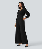 Combinaison tailleur à jambes larges, col V, manches longues, avec poches – Édition Easy Peasy