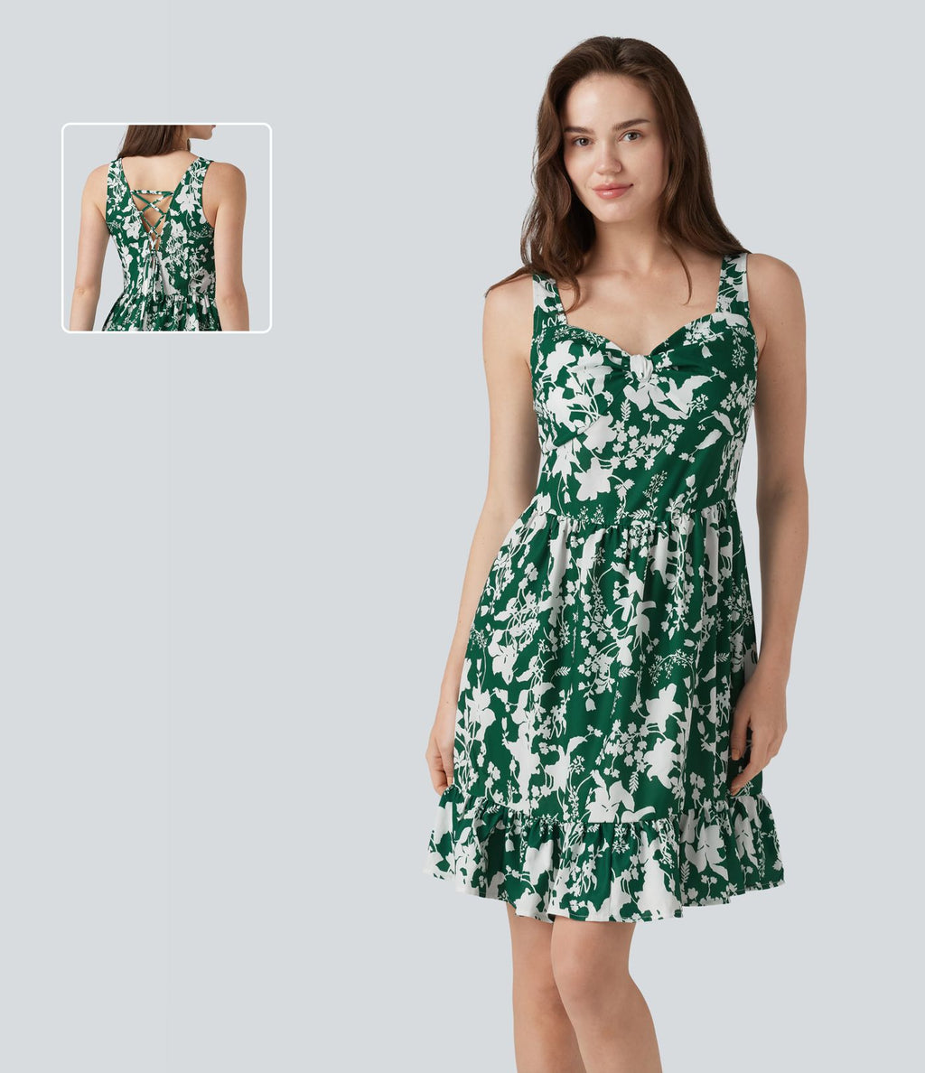 Robe mini sans manches à encolure cœur et laçage imprimé floral
