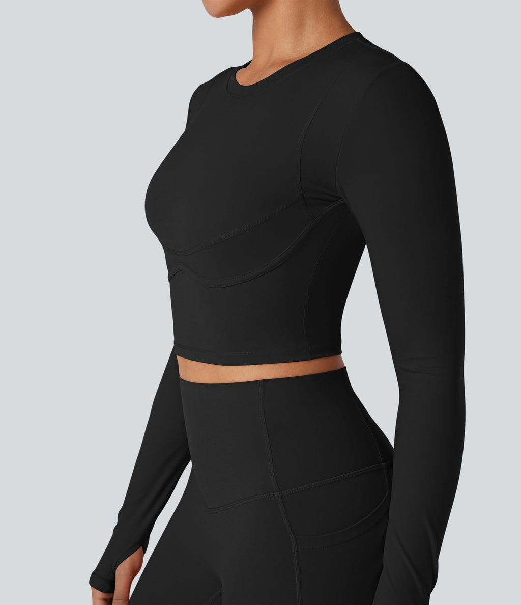 Top de sport yoga court Halara UltraSculpt™ col rond manches longues avec trous pouces