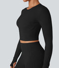 Top de sport yoga court Halara UltraSculpt™ col rond manches longues avec trous pouces