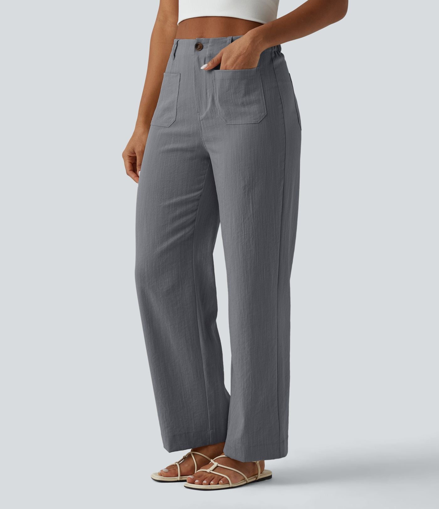 Pantalon taille haute coupe droite effet lin avec poches