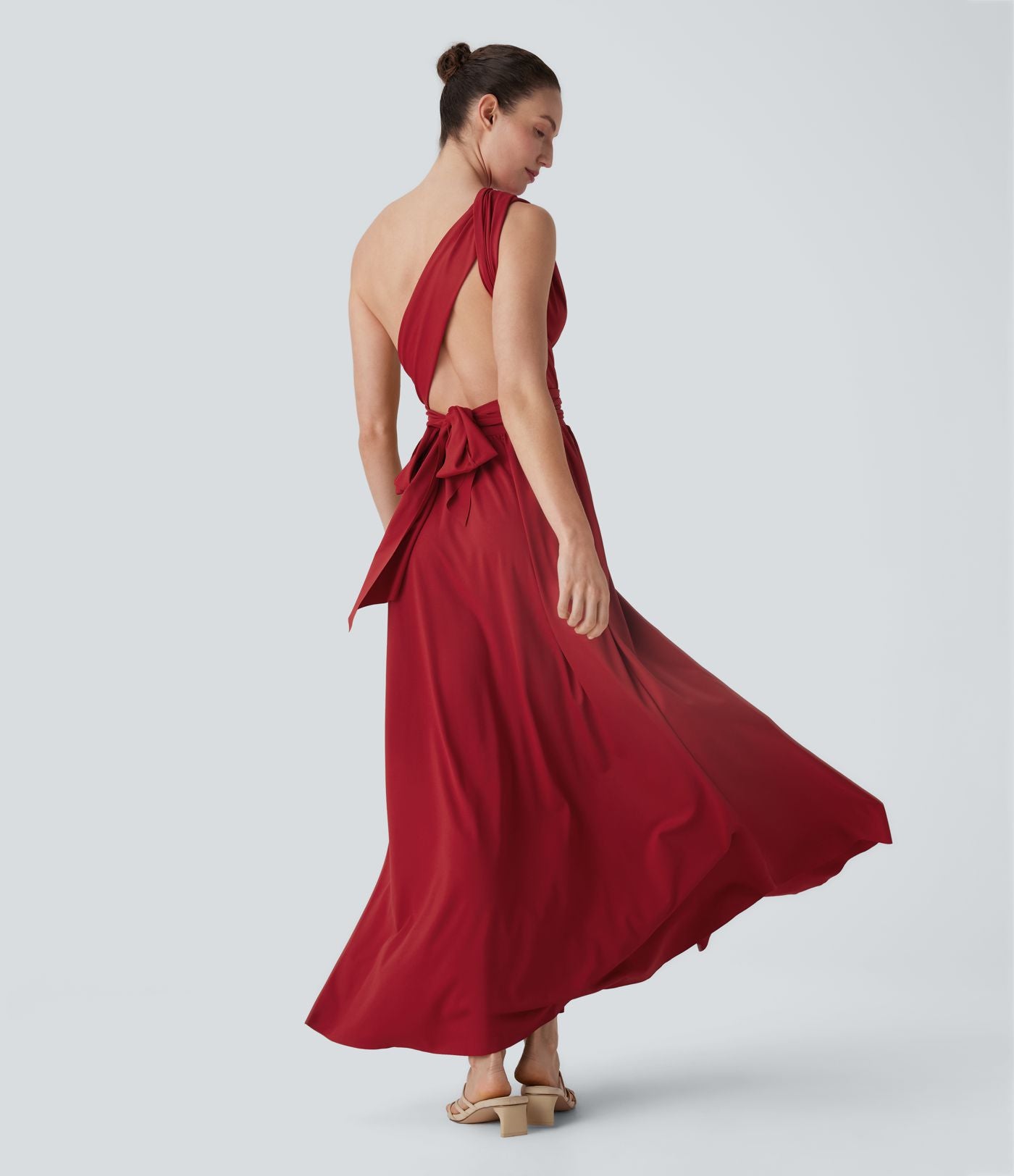 Robe longue de soirée col V, manches courtes, dos croisé à nouer, fendue avec poche latérale