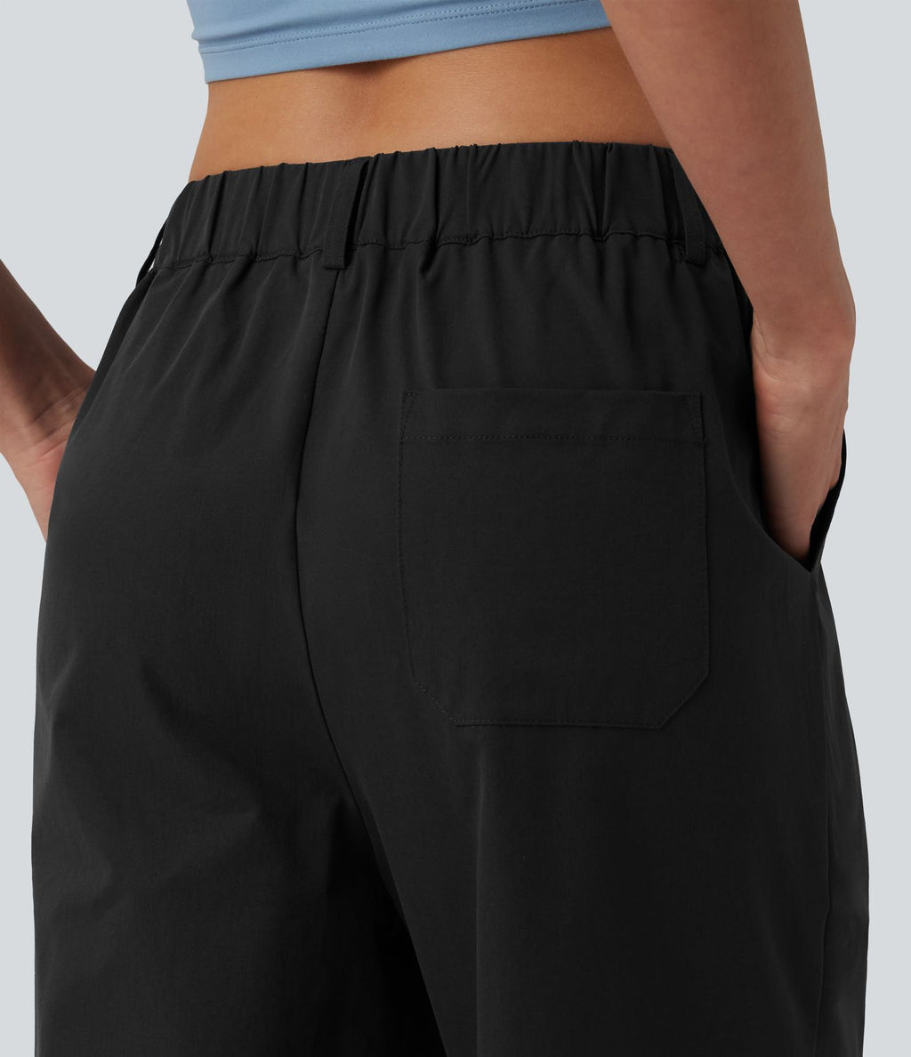 Pantalon casual fuselé 7/8 taille mi-haute plissé en popeline extensible à ourlet retroussé avec poches