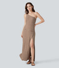 Robe longue décontractée à rayures, asymétrique, sans manches, en maille côtelée, avec poche