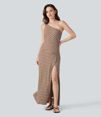 Robe longue décontractée à rayures, asymétrique, sans manches, en maille côtelée, avec poche
