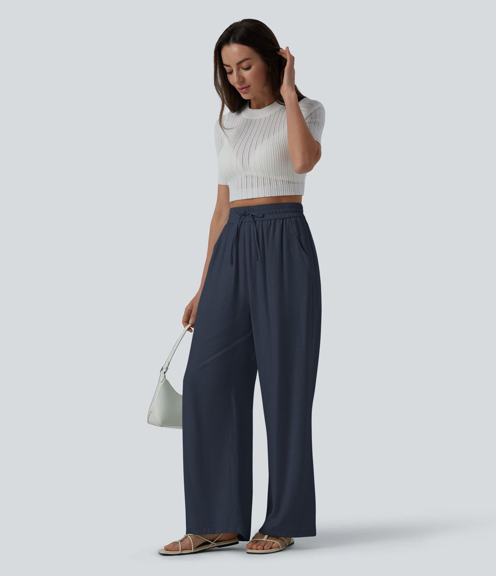 Pantalon casual large fluide mélange lin taille haute avec cordon de serrage et poches
