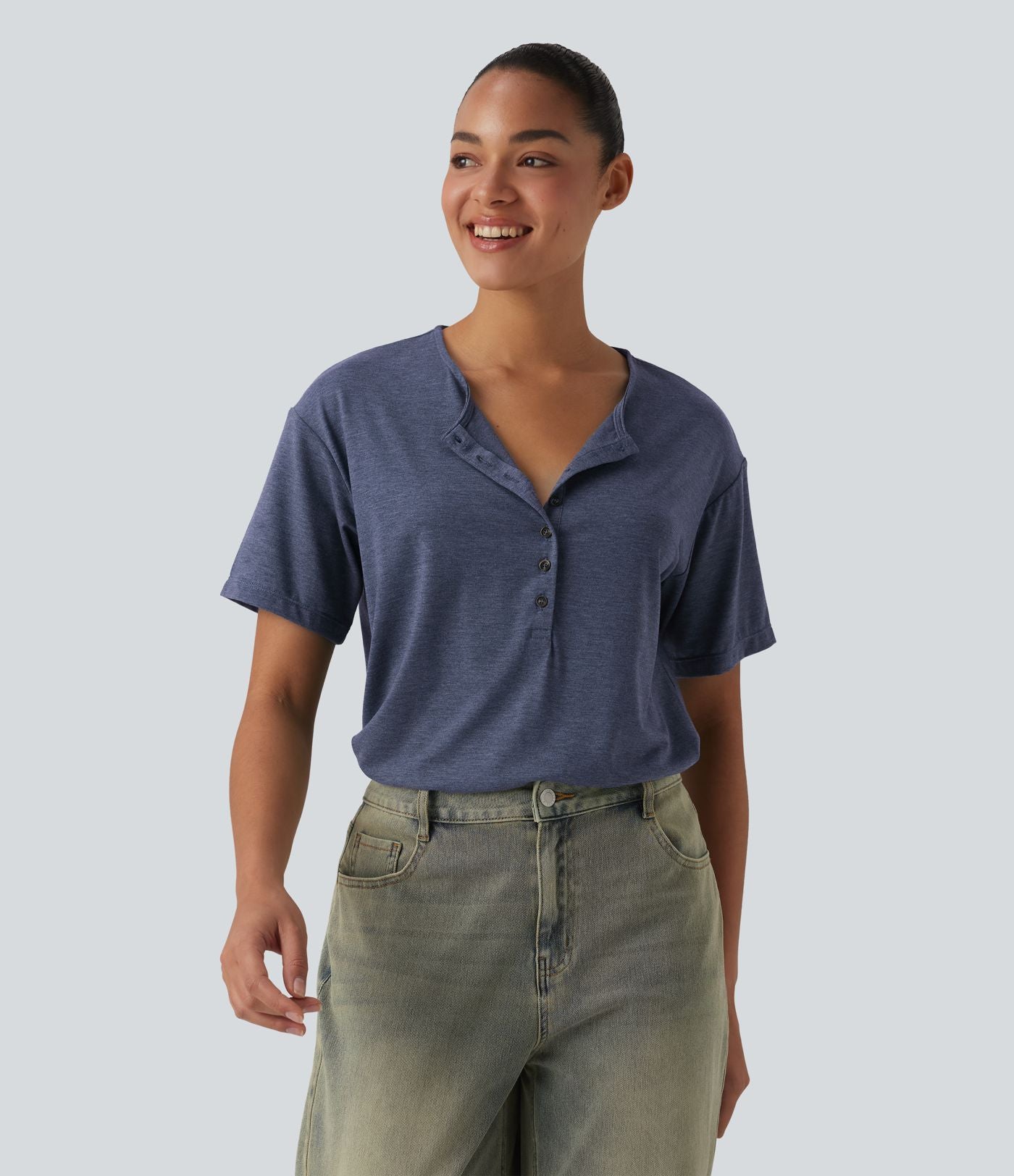 T-shirt casual ample chiné henley manches courtes