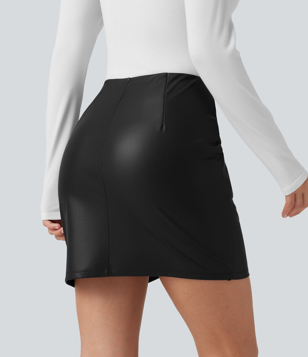 Jupe-short mini moulante taille haute en simili doublé polaire avec fronces et ourlet croisé