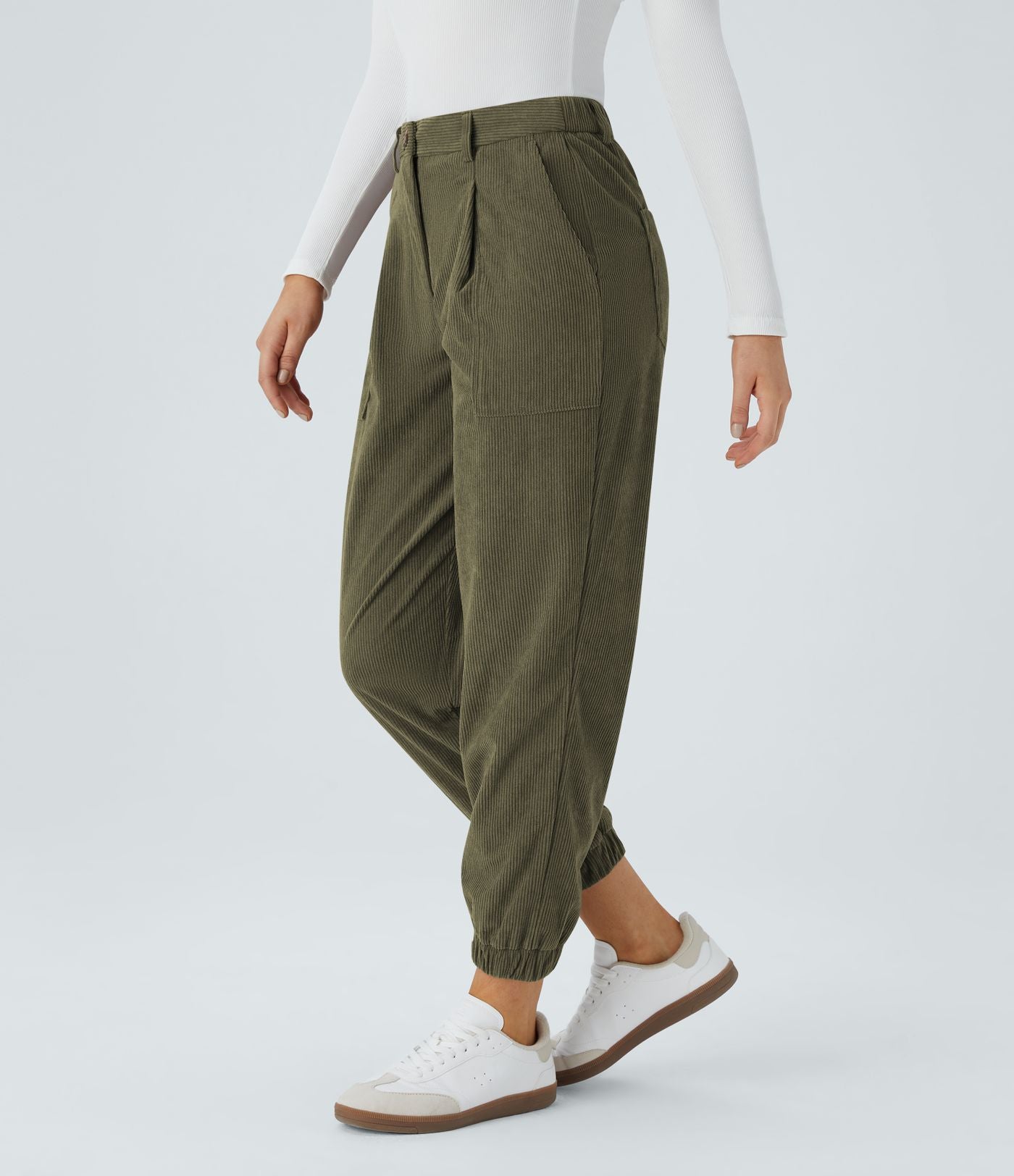 Pantalon décontracté en velours côtelé avec taille mi-haute, boutons et fermeture éclair