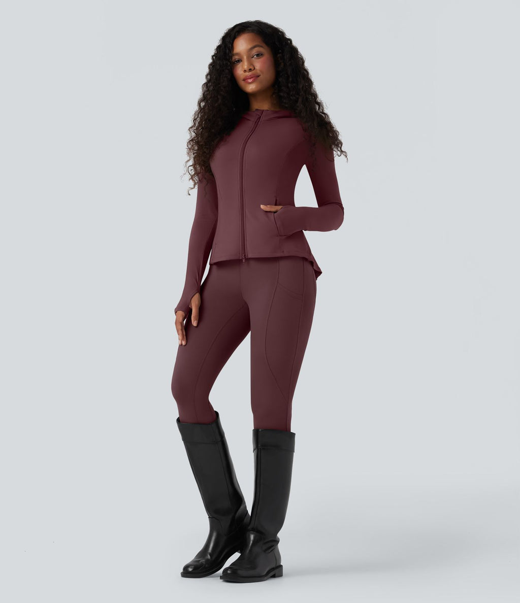 Veste SoftlyZero™ à capuche manches longues avec trous pouces détails plissés et poches-UPF50+