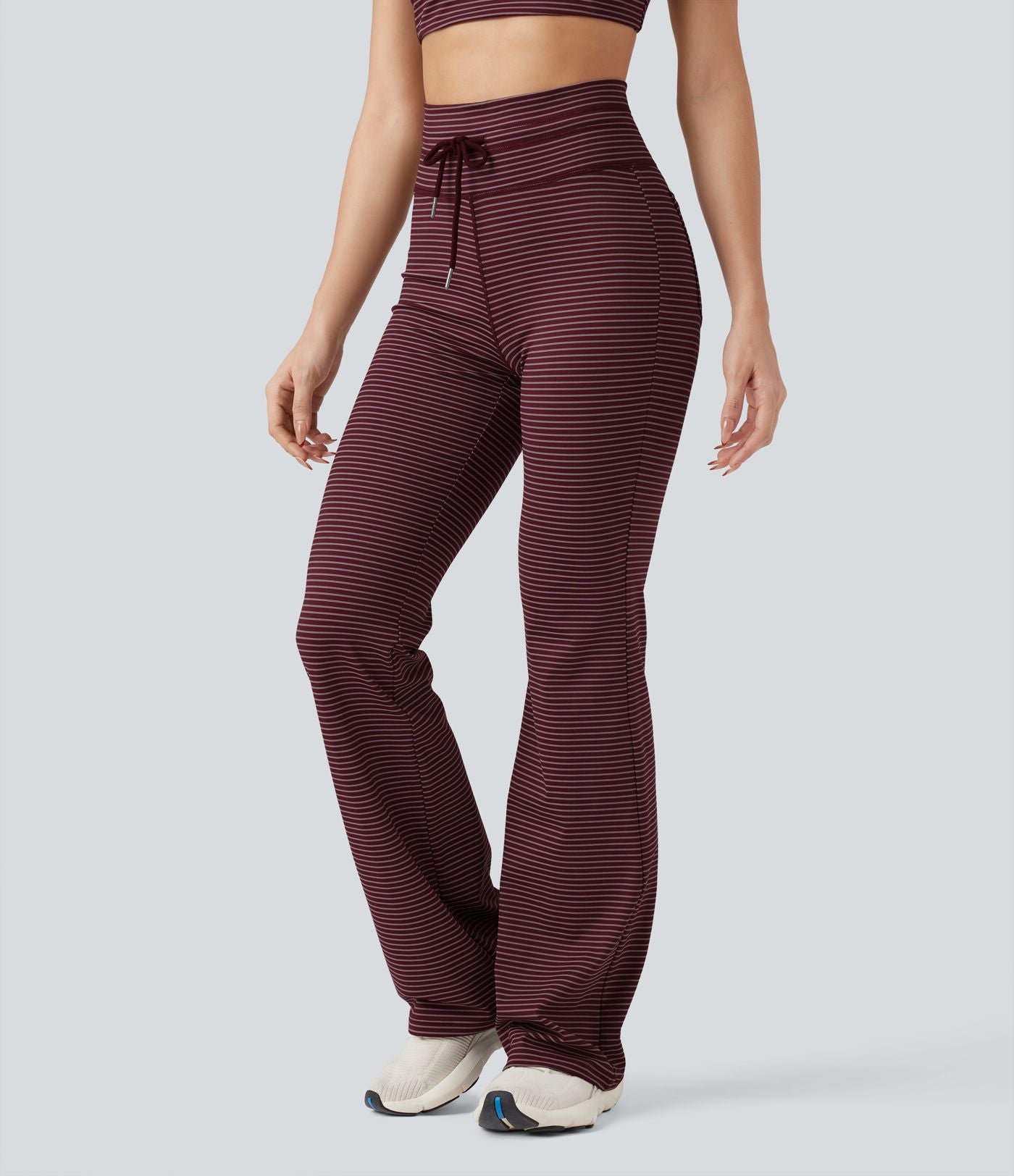 Pantalon de yoga évasé à rayures, taille haute, cordon et poches