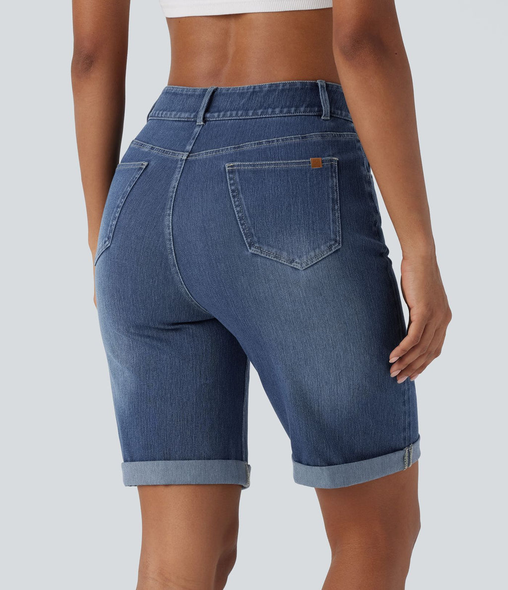 Bermuda décontracté en jean extensible délavé Halara Flex™ taille haute avec revers et multiples poches