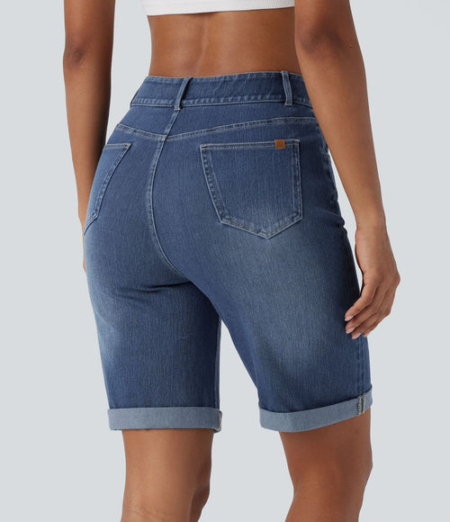 Bermuda décontracté en jean extensible délavé Halara Flex™ taille haute avec revers et multiples poches