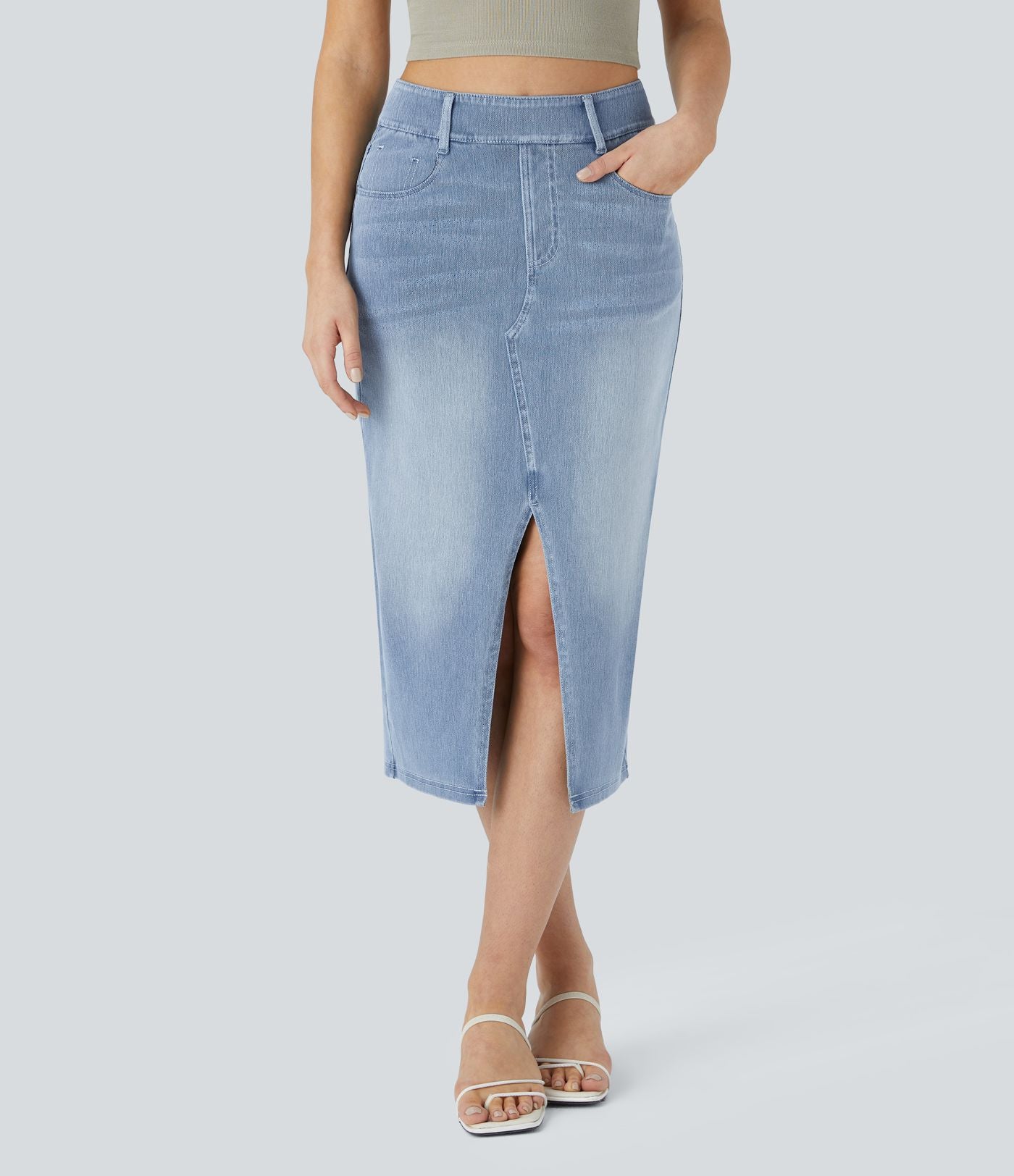 Halara Flex™ Jupe en Jean Casual Mi-Longue Délavé Extensible Plusieurs Poches Taille Haute
