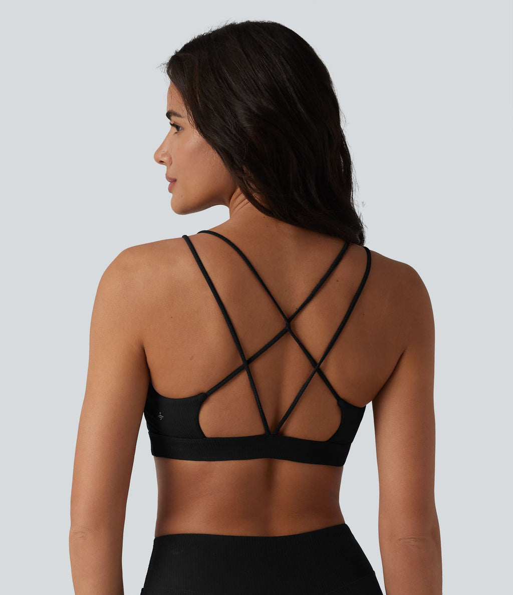 Brassière de sport à encolure carrée en maille côtelée avec soutien-gorge intégré — UPF40+
