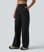 Pantalon cargo droit de randonnée taille haute avec poches
