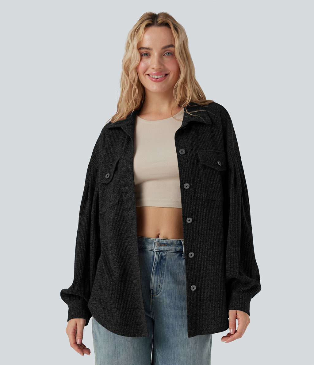 Veste décontractée maille gaufré manches longues ourlet arrondi avec poches