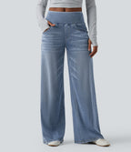 Halara Flex™ Jean large casual baggy taille mi-haute en lyocell drapé effet délavé, avec poches