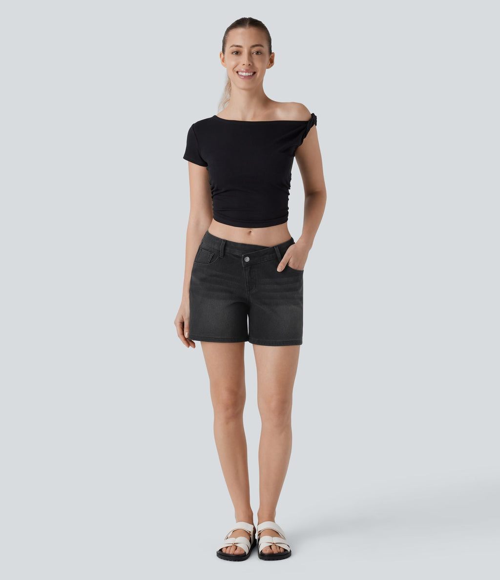 Short asymétrique en jean délavé Halara Flex™ taille basse à poches multiples
