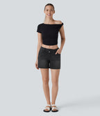 Short asymétrique en jean délavé Halara Flex™ taille basse à poches multiples