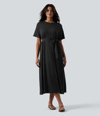 Robe T-shirt casual midi fluide col rond manches courtes avec ceinture et poches