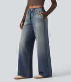 Jogging jean décontracté en molleton French Terry imprimé denim taille mi-haute avec poches