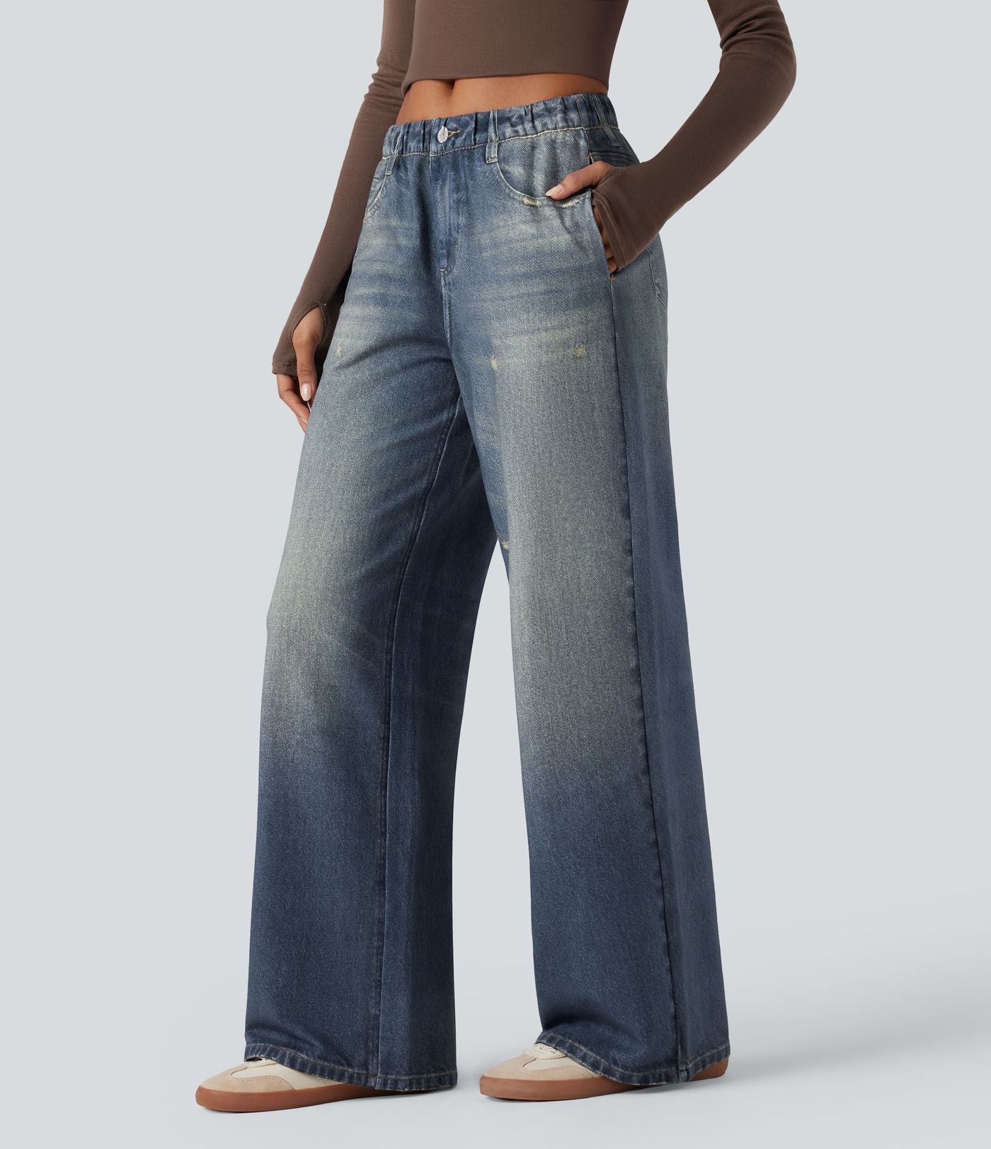 Jogging jean décontracté en molleton French Terry imprimé denim taille mi-haute avec poches