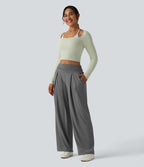 Pantalon de yoga chiné froncé taille haute avec poches