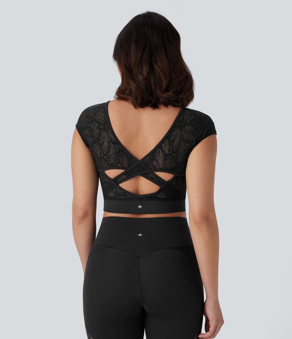 Softlyzero™ Haut de sport de yoga court dos nu avec dentelle contrastée et ourlet croisé-UPF50+