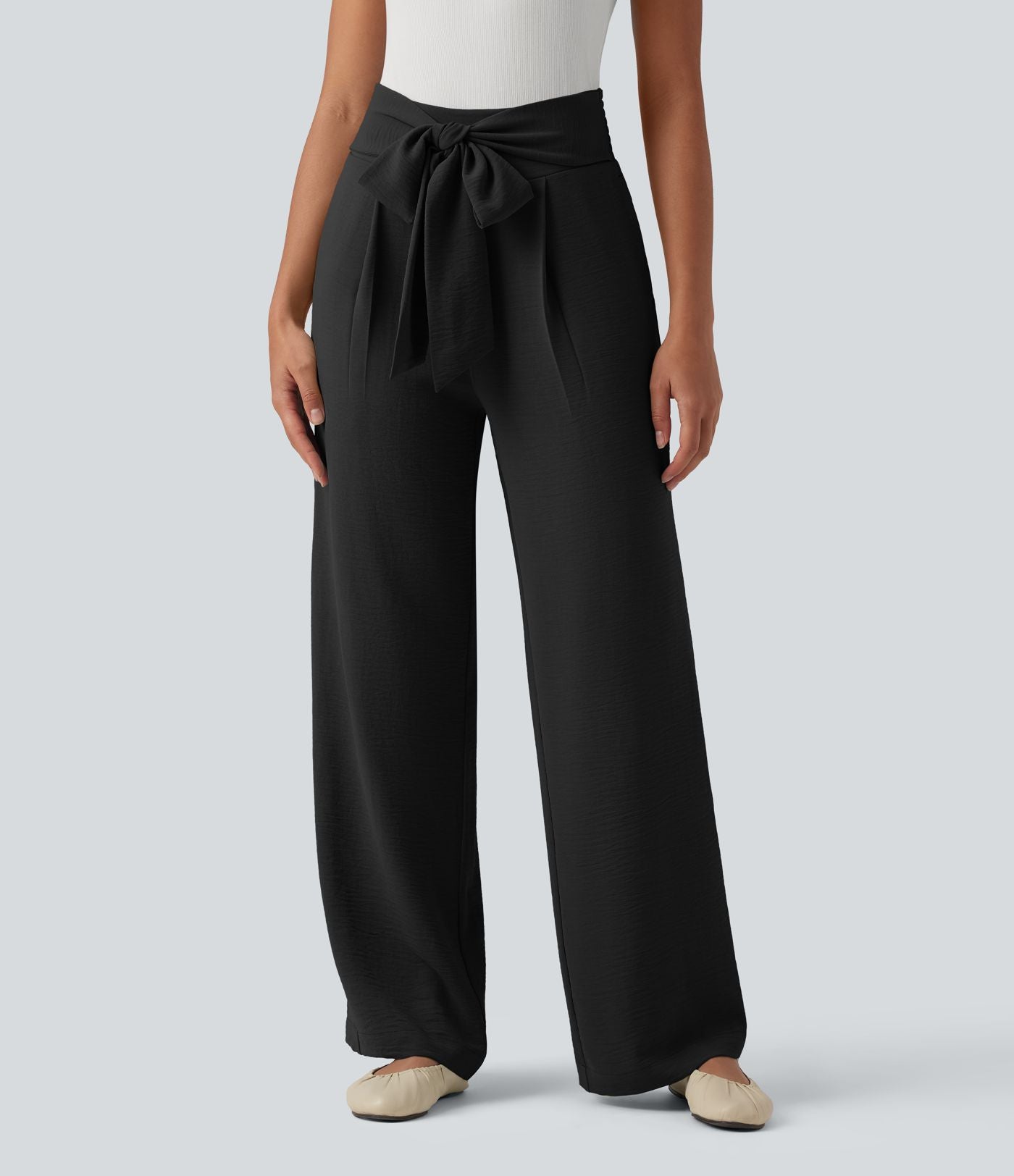 Pantalon droit décontracté aspect lin taille haute à nouer devant avec poches