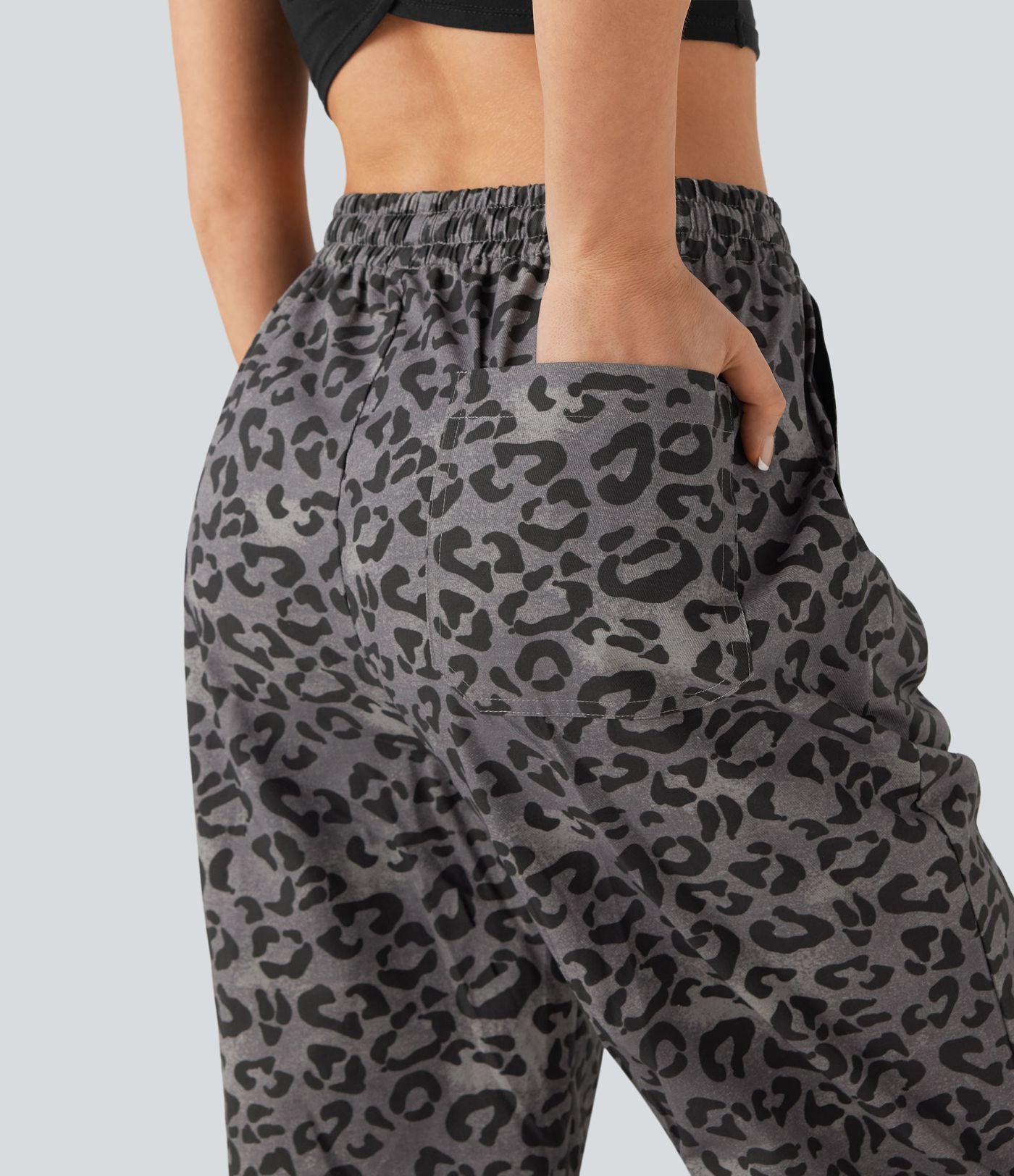 Pantalon casual taille haute cordon jambe droite imprimé léopard avec poches