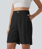 Bermuda casual taille haute aspect lin ourlet roulotté avec poches