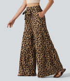 Pantalon ample décontracté taille mi-haute avec nœud devant imprimé léopard avec poches