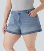 Short décontracté Halara Flex™ grande taille taille mi-haute bouton fermeture éclair en denim maille extensible multiples poches 7,5 cm