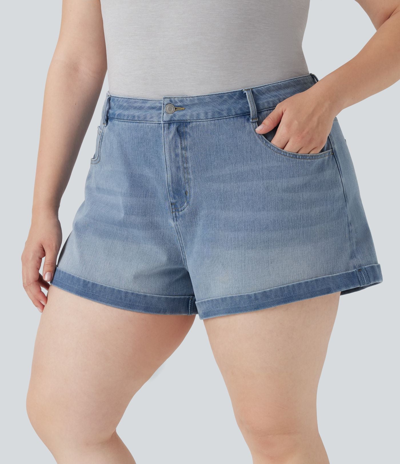 Short décontracté Halara Flex™ grande taille taille mi-haute bouton fermeture éclair en denim maille extensible multiples poches 7,5 cm