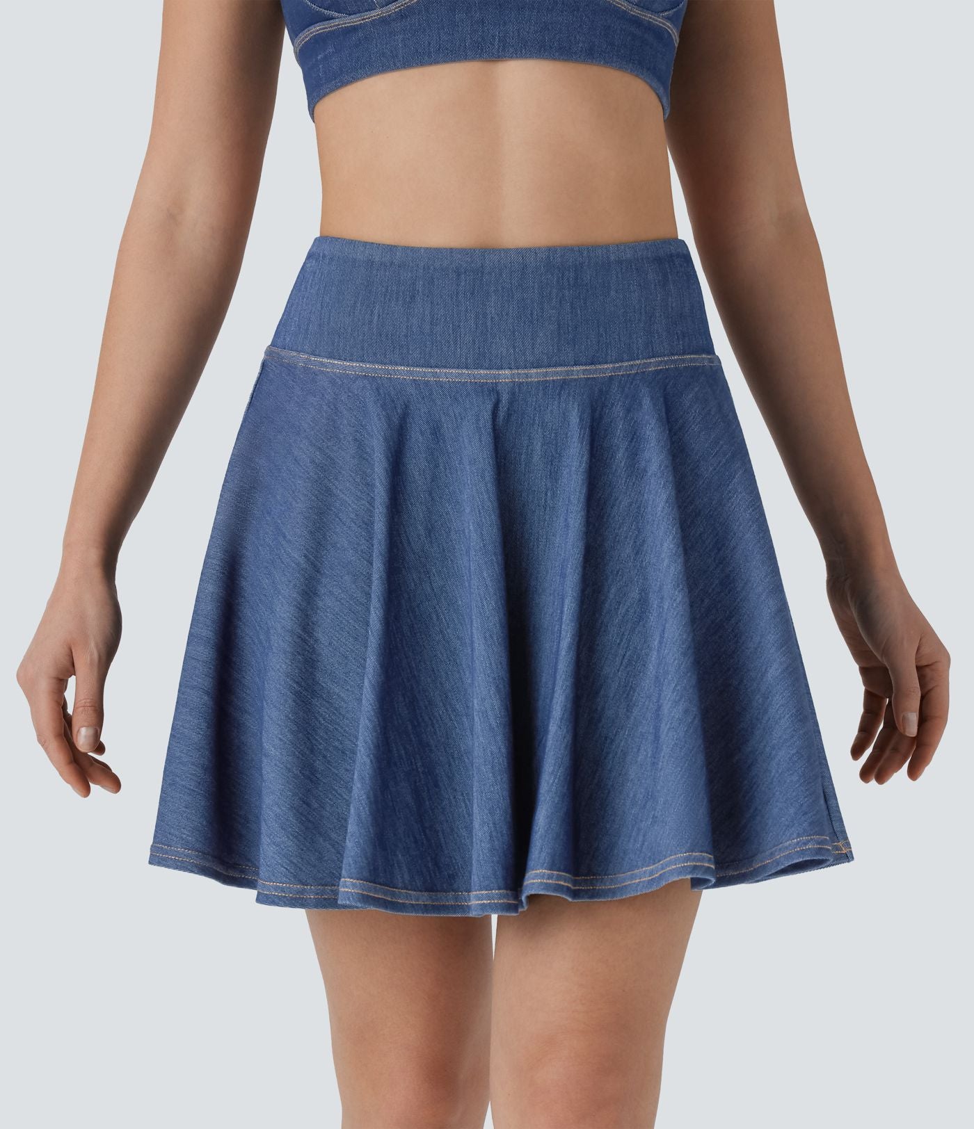 Mini-jupe tennis denim 2-en-1 HalaraMagic™ tricot extensible Cool Touch délavé taille haute avec poches