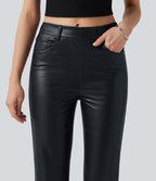 Pantalon bootcut taille mi-haute en simili stretch avec poches