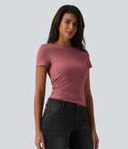 T-shirt décontracté col bateau manches courtes froncé