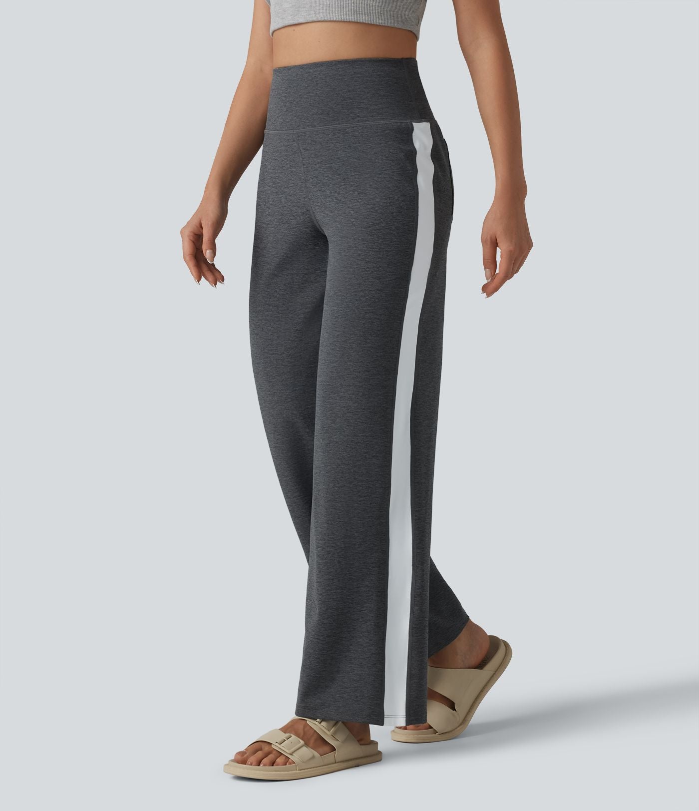Pantalon droit taille haute à rayures séchage rapide avec poches