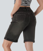 Bermuda décontracté en jean extensible délavé Halara Flex™ taille haute avec revers et multiples poches