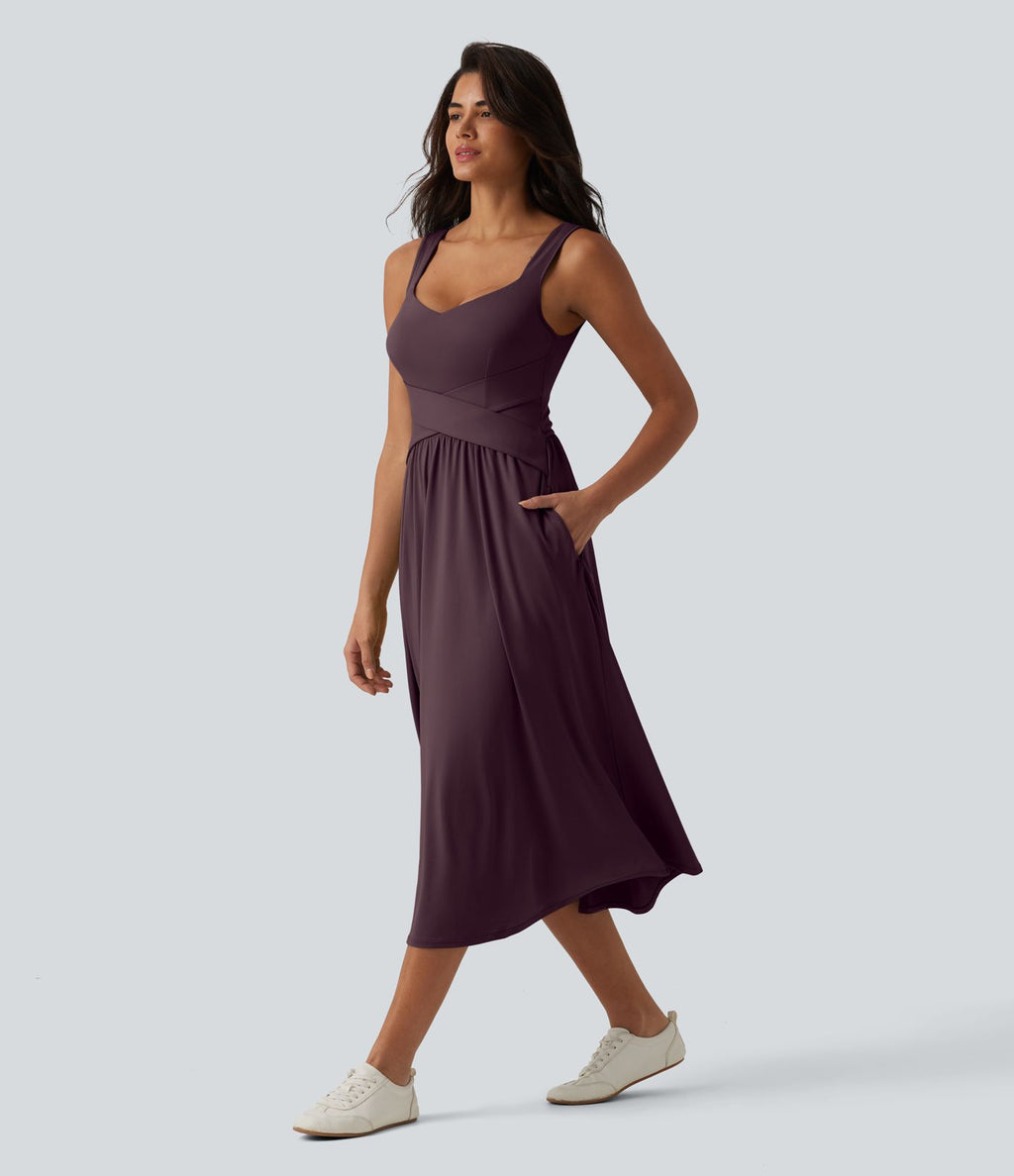 Robe midi fluide sans manches dos croisé, avec brassière intégrée (Bonnets E-G) et poches
