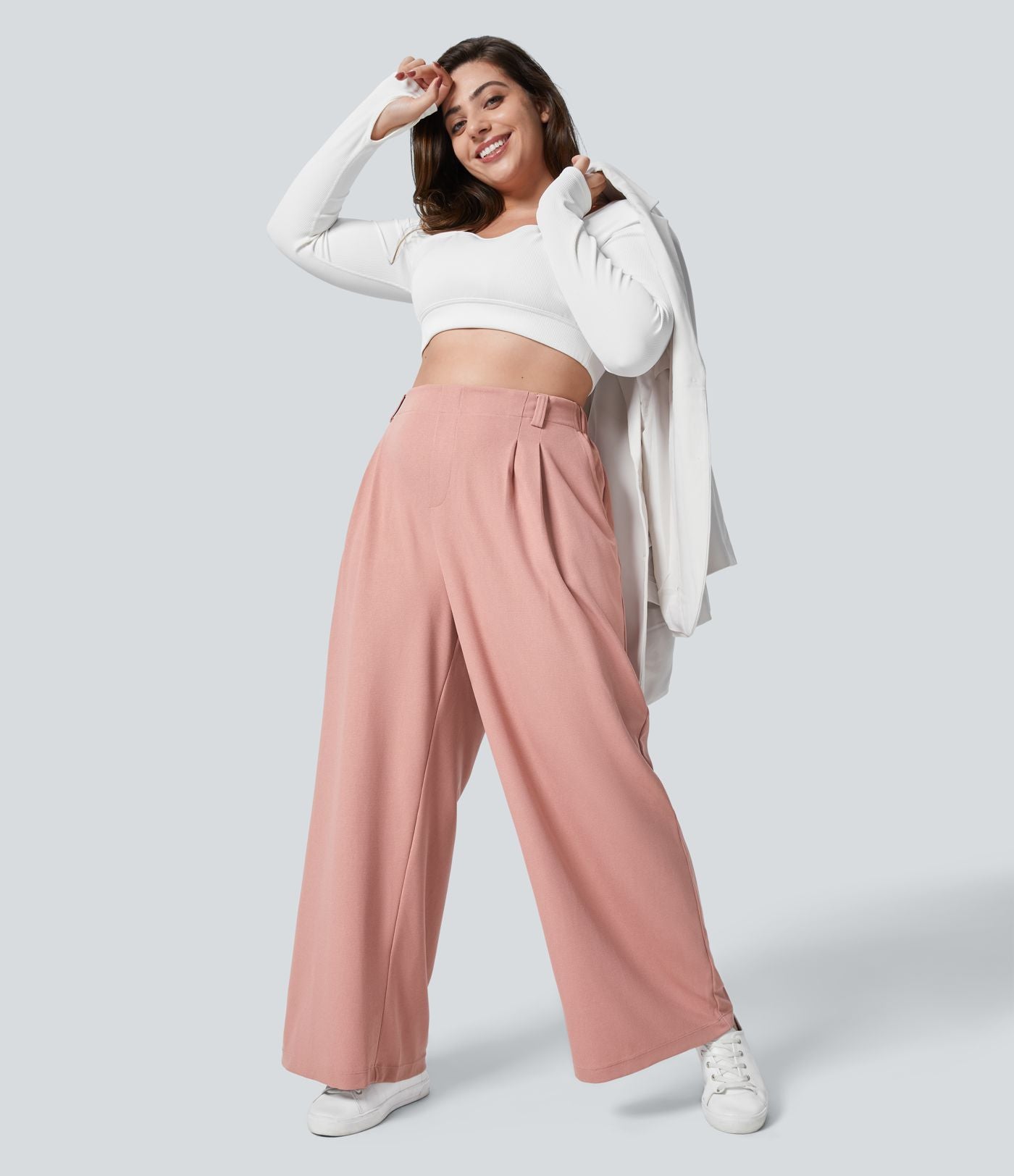 Halara Flex™ Pantalon tailleur Grande taille à Taille Haute, Poches Latérales Plissées, Jambes Larges, en Tissu Gaufré