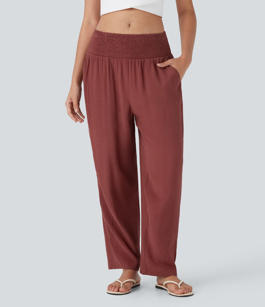 Pantalon de Vacances Taille Moyenne avec Fronces et Poches Latérales  et Aspect Lin