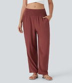 Pantalon de Vacances Taille Moyenne avec Fronces et Poches Latérales  et Aspect Lin
