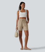 Short décontracté ample en lin mélangé taille haute avec cordon de serrage, 12,5 cm, et poches